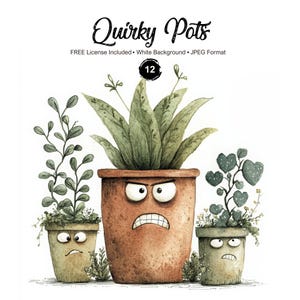 May include: Watercolor illustration of three quirky plant pots with angry faces, each holding different green plants. The largest pot is brown, the others are green and yellow. The text "Quirky Pots" is at the top.