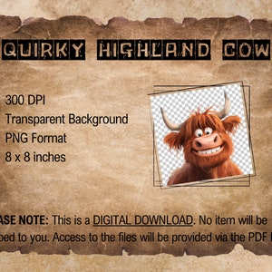 Puede incluir: Descarga digital de una vaca Highland de dibujos animados con una expresi&oacute;n amigable. La imagen mide 20,32 cm por 20,32 cm y tiene un fondo transparente.
