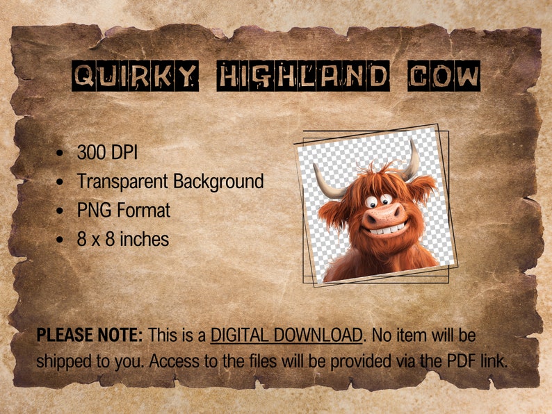 Puede incluir: Descarga digital de una vaca Highland de dibujos animados con una expresi&oacute;n amigable. La imagen mide 20,32 cm por 20,32 cm y tiene un fondo transparente.