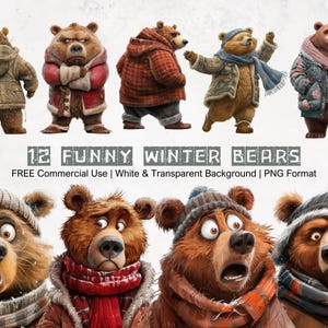 Orso Cartone animato Clipart Grafica trasparente Collezione divertente PNG stampabile Orsi invernali stravaganti