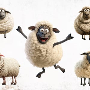 May include: Five cartoon sheep with white fluffy wool. One sheep is jumping in the air with its mouth open and tongue sticking out. The other four sheep are standing on the ground with their legs together. The background is a white textured wall.