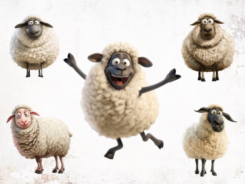 May include: Five cartoon sheep with white fluffy wool. One sheep is jumping in the air with its mouth open and tongue sticking out. The other four sheep are standing on the ground with their legs together. The background is a white textured wall.