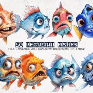 50 eigenartige Fische Clipart große Bündel lustige druckbare Grafiken mit transparentem Hintergrund