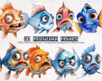 50 imágenes prediseñadas de peces peculiares, paquete grande, gráficos divertidos para imprimir con fondo transparente.