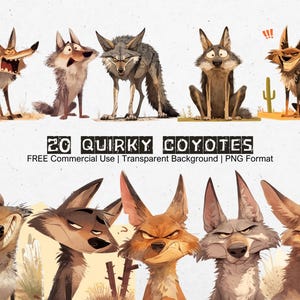 Op de afbeelding: Een set van 20 cartoon coyote-illustraties met verschillende uitdrukkingen. De coyotes zijn getekend in een grillige stijl met een verscheidenheid aan kleuren en texturen. De illustraties zijn perfect om een ​​toets van plezier toe te voegen aan elk project.