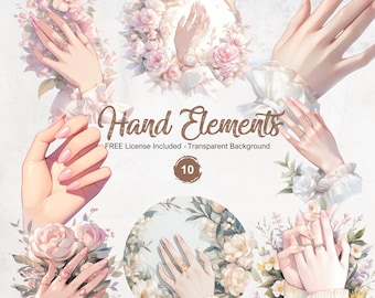 Floral Hands Clipart Woman Hands and Nail Illustration Design Elements with Transparent Background