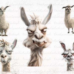 May include: Four cartoon llamas with different expressions. The llamas are white with brown eyes and noses. One llama has a grumpy expression, one has a surprised expression, one has a neutral expression, and one has a happy expression.
