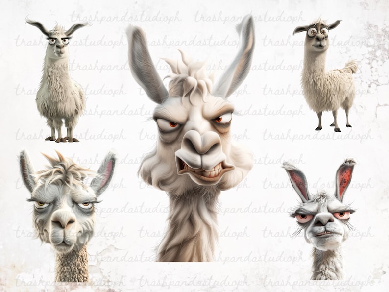 May include: Four cartoon llamas with different expressions. The llamas are white with brown eyes and noses. One llama has a grumpy expression, one has a surprised expression, one has a neutral expression, and one has a happy expression.