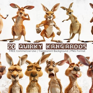 Bundle de cliparts kangourous insolites et drôles, grimaces d'un kangourou téléchargement immédiat, images hilarantes de kangourous, graphiques animaux drôles PNG