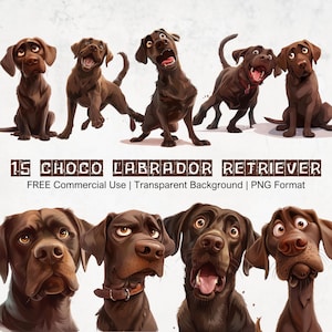 May include: A collection of 15 cartoon-style chocolate Labrador Retrievers in various poses and expressions. The dogs are brown with expressive eyes and mouths. Text at the bottom reads "15 CHOCO LABRADOR RETRIEVER" and "FREE Commercial Use | Transparent Background | PNG Format."
