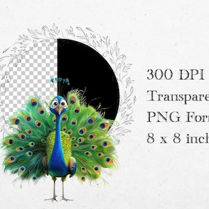 Puede incluir: Un pavo real de dibujos animados con cabeza y cuello azules, plumas verdes y marrones y un pico amarillo brillante. El pavo real est&aacute; de pie con las plumas de la cola extendidas en forma de abanico.