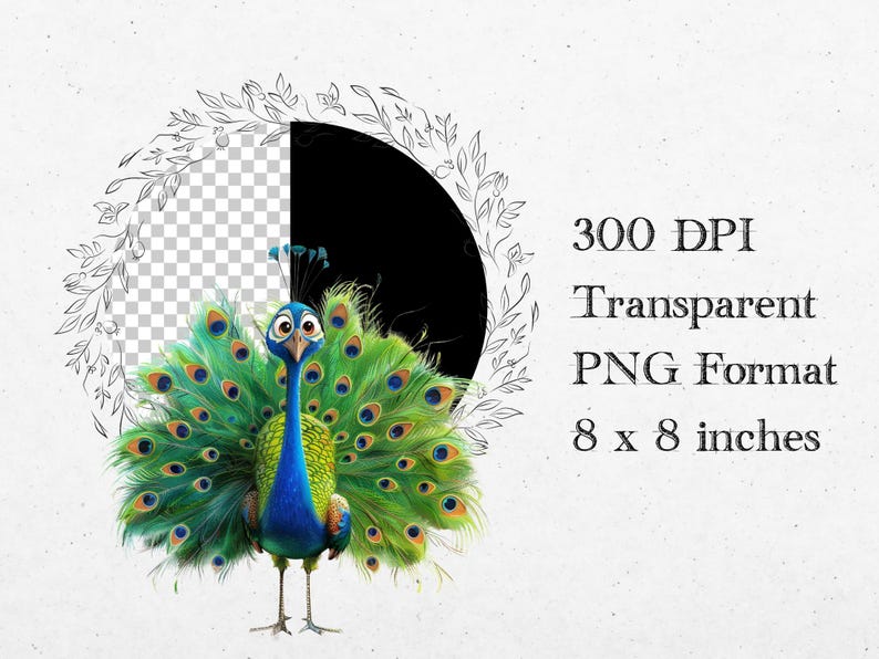 Puede incluir: Un pavo real de dibujos animados con cabeza y cuello azules, plumas verdes y marrones y un pico amarillo brillante. El pavo real est&aacute; de pie con las plumas de la cola extendidas en forma de abanico.