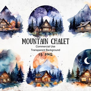 Clipart de chalé aquarela, chalé e céu noturno, cabana isolada, alojamento de esqui, casa de férias, casa na montanha, impressão por sublimação sob demanda