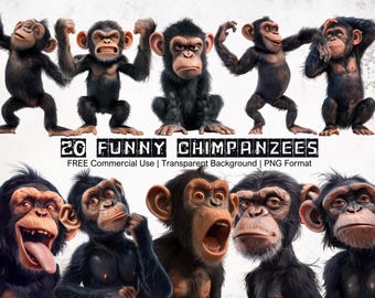 Imágenes prediseñadas PNG de un chimpancé de dibujos animados divertido: Gráficos de animales originales (Descarga instantánea)