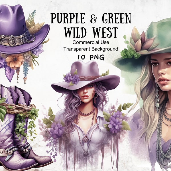 Watercolor Purple and Green Wild West Clipart, Boho Clipart, Bohemian Graphics, Junk Journal, Scrapbook, Creative Craft, Rustic Wedding Art