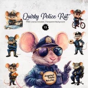 May include: A digital illustration of a cartoon rat wearing a police uniform and sunglasses. The rat is holding a sign that says "disguised Totally Not a Cop." The illustration is in a watercolor style and has a whimsical feel.
