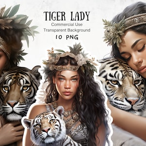 Tiger Lady Clipart Bundle für Projekte zum Thema Wald, Dschungel Königin PNG, Wald Fantasie weiblicher Charakter, Wildtier Grafiken, Junk Journal
