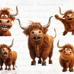 Cute and Quirky Highland Cow Clipart Bundle, Funny Faces of a Highland Cow Printable Set, Hilarious Highland Cow PNG, Scrapbook Graphics