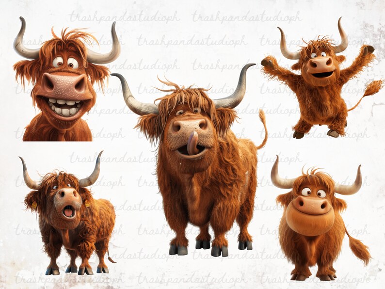 Cute and Quirky Highland Cow Clipart Bundle, Funny Faces of a Highland Cow Printable Set, Hilarious Highland Cow PNG, Scrapbook Graphics