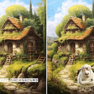 May include: A whimsical cottage with a green roof and a stone path leading to the front door. The cottage is surrounded by lush greenery and a small sheep with a serious expression stands in the foreground.