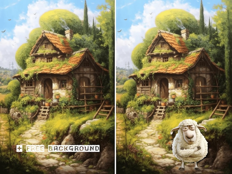 May include: A whimsical cottage with a green roof and a stone path leading to the front door. The cottage is surrounded by lush greenery and a small sheep with a serious expression stands in the foreground.