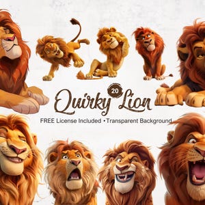 Imágenes prediseñadas de león peculiar, divertidos gráficos de animales de safari: ilustraciones del rey de la jungla