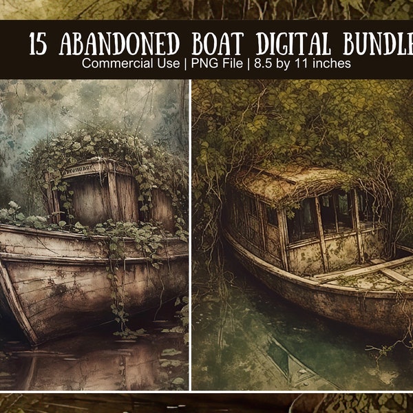 Abandoned Boat Digital Paper for Junk Journal, Enchanted Forest Grunge, PNG Format Instant Download, Dilapidated Ship, Rusty Water Vessel