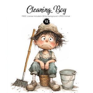 Clipart de niño de la limpieza en formato JPEG - Ilustraciones de limpieza divertidas - Gráficos de niño de dibujos animados con fondo blanco - Descarga instantánea
