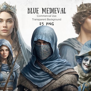 Blauwe middeleeuwse aquarel clipart koninklijke familie graphics koning koningin prins prinses illustraties voor op geschiedenis geïnspireerde afdrukbare ongewenste tijdschriften