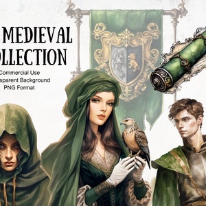 Puede incluir: Una colección de 25 ilustraciones medievales con una mujer con una capa verde con capucha, una mujer con un vestido verde sosteniendo un halcón, un hombre con una capa verde con capucha y una pancarta verde con un escudo de armas. El texto "25 MEDIEVAL COLLECTION" está en la parte superior de la imagen. El texto "Commercial Use Transparent Background PNG Format" está debajo del título.