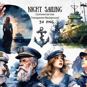 Clipart de acuarela de navegación nocturna, colección náutica o marítima, descarga instantánea en formato PNG, proyectos inspirados en la navegación y la navegación