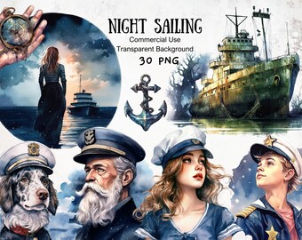 Nacht Segeln Aquarell Clipart: Nautische PNG Sammlung (digitaler Download)