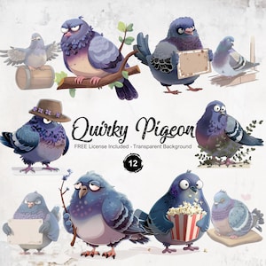 Funny Pigeon Cartoon Clipart Humorous Bird Illustrations Sublimation Graphics Instant Download