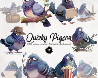 Funny Pigeon Cartoon Clipart Humorous Bird Illustrations Sublimation Graphics Instant Download
