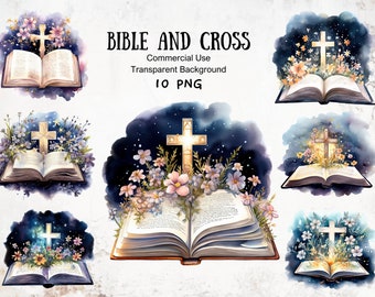 Illustrazione vettoriale di Bibbia e croce con motivi floreali ad acquerello, grafica cristiana per diario devozionale e quaderno di studio.