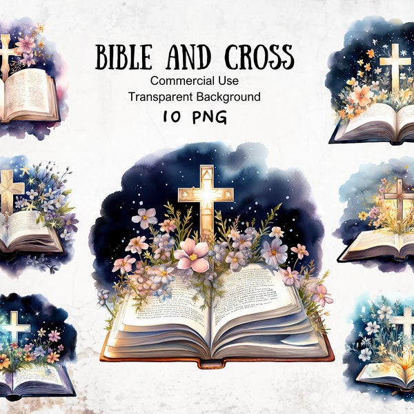 Floral Bible and Cross Watercolor Clipart, Christian Journal, Devotional Diary Graphics, Bible Study Journal,Spiritual Clipart,Faith Symbols