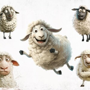 May include: Five cartoon sheep with different facial expressions. The sheep are white with black eyes and noses. One sheep is jumping in the air.