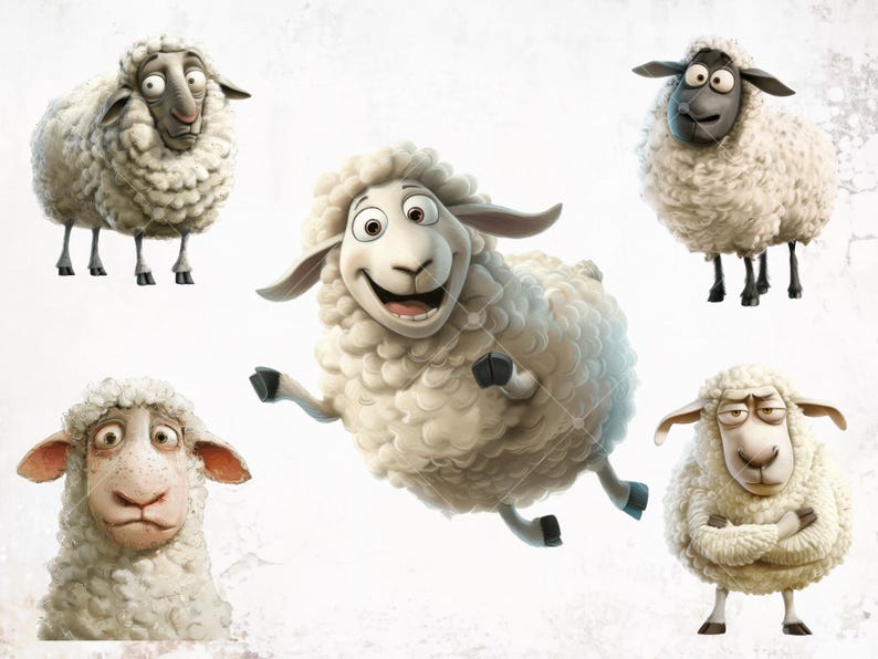 May include: Five cartoon sheep with different facial expressions. The sheep are white with black eyes and noses. One sheep is jumping in the air.