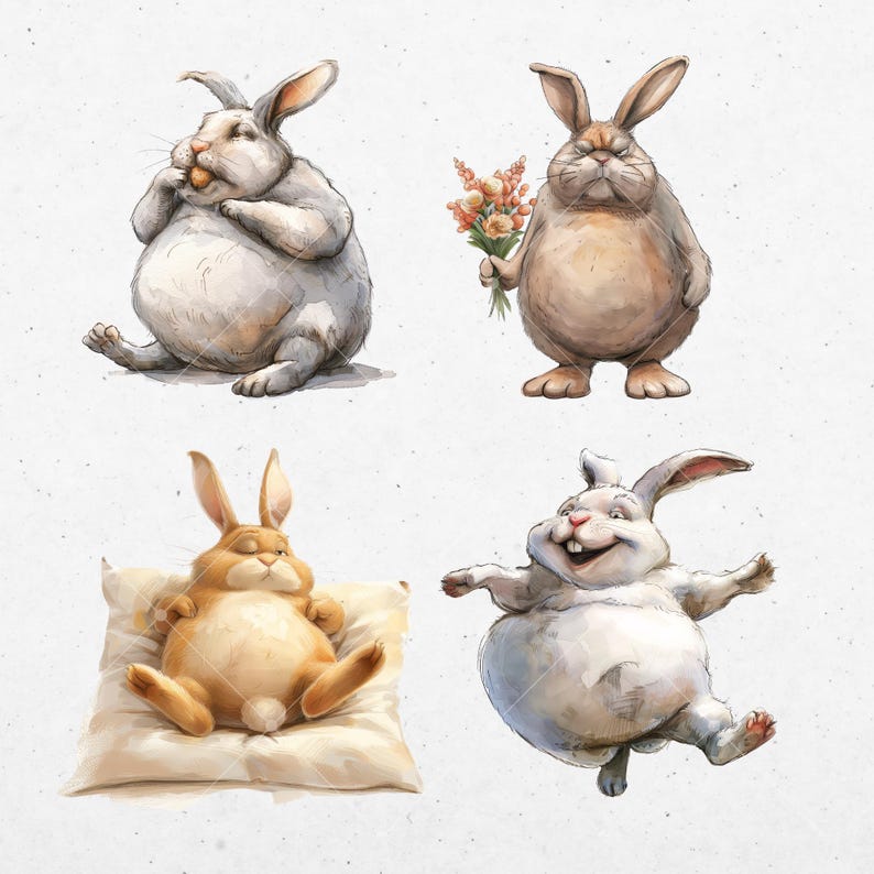Fat Bunny Clipart Quirky Rabbit Illustrations Funny Animal Sketch ...