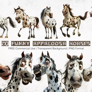 Bundle de cliparts dessin animé drôle de cheval Appaloosa, grimaces d'un cheval tacheté, graphismes originaux de cheval Appaloosa PNG, fond Transparent