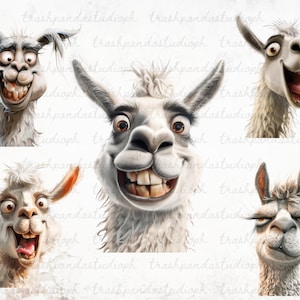 May include: Five cartoon llama faces with different expressions. The llamas are white with brown eyes and noses. The expressions include smiling, surprised, and frowning.