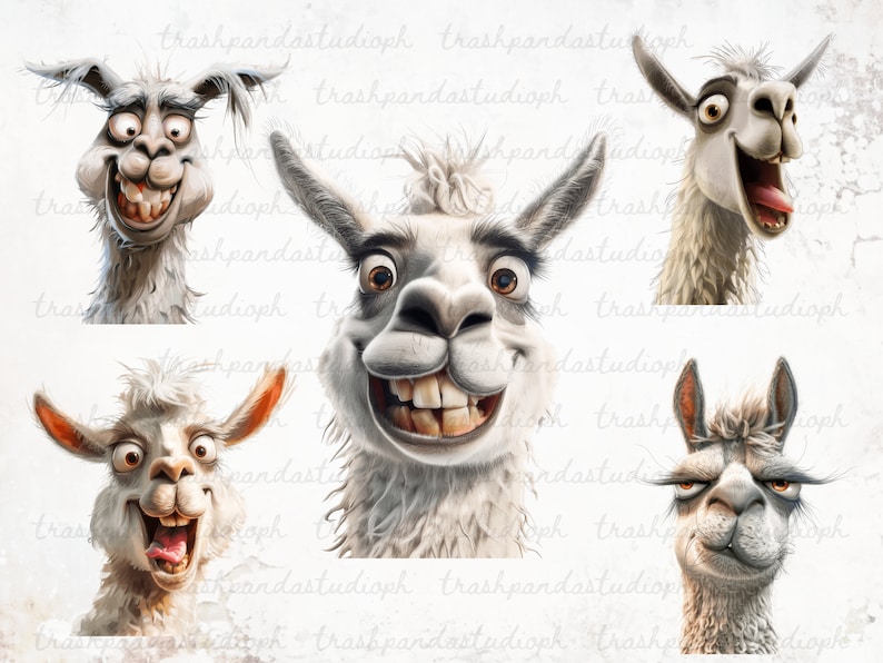 May include: Five cartoon llama faces with different expressions. The llamas are white with brown eyes and noses. The expressions include smiling, surprised, and frowning.