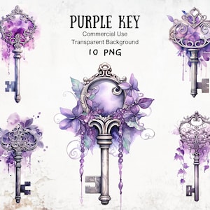 Gráficos imprimibles de imágenes prediseñadas de claves en tema de color púrpura para kit de álbum de recortes y diario basura de fantasía