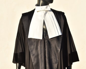 Lawyer gown and bib. Court dress and bib. Lawyer's robes. Barrister attire for law firm and court of Justice. Robe and court bib.