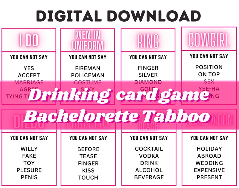 BACHELORETTE TABOO Digital Adult Drinking Game 45 Cards, Forbidden Words Hen do, Bachelorette, Party Game image 1