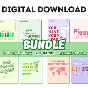 May include: A digital download bundle of 205 St. Patrick's Day drinking game cards. The cards feature green, pink, and yellow backgrounds with various illustrations and text. The text includes phrases like "You are Irish just for today", "You've performed in a St. Patrick's Day parade", "You have your legs", "Piggy in the middle", "Best dressed tonight?", "Take a shot of something green", "Drink for every country you've been to", and "Drink for every letter of your name".