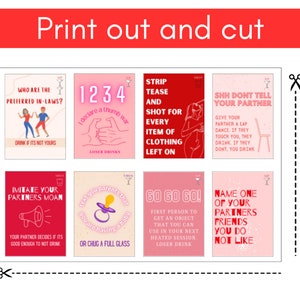 May include: A set of eight pink and red cards with instructions for a drinking game. The cards feature text such as "Who are the preferred in-laws?" and "Imitate your partner's moan".