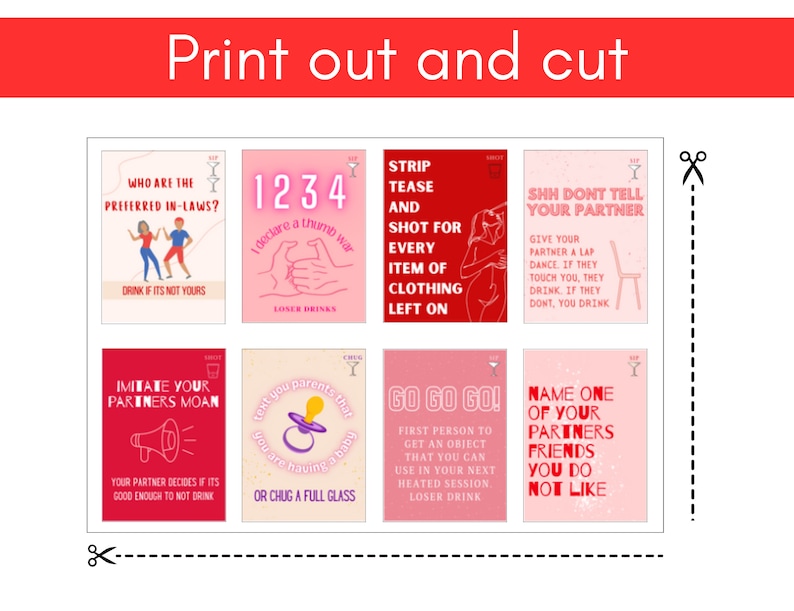 May include: A set of eight pink and red cards with instructions for a drinking game. The cards feature text such as "Who are the preferred in-laws?" and "Imitate your partner's moan".