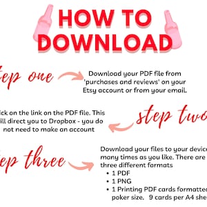 May include: A pink and red illustration of wine bottles with the text "HOW TO DOWNLOAD" in red.  The image shows three steps to download a PDF file from Etsy: step one, step two, and step three.  The steps include downloading the PDF file from Etsy, clicking on the link in the PDF file, and downloading the files to your device.