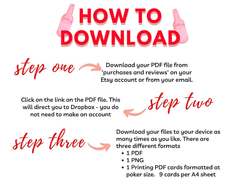 May include: A pink and red illustration of wine bottles with the text "HOW TO DOWNLOAD" in red.  The image shows three steps to download a PDF file from Etsy: step one, step two, and step three.  The steps include downloading the PDF file from Etsy, clicking on the link in the PDF file, and downloading the files to your device.